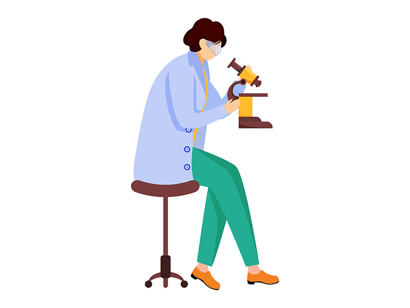 Scientist in blue lab coat with protection glasses flat vector illustration