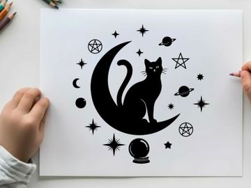 Mystic silhouette cat on crescent moon with celestial bodies preview picture