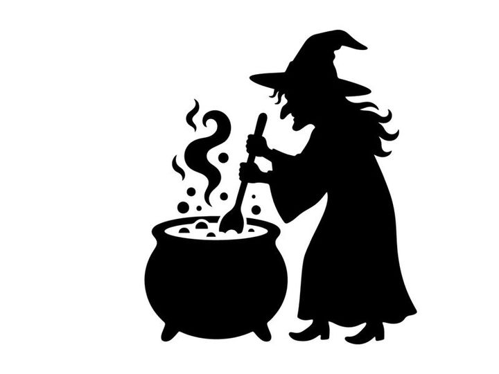 Silhouette einer Hexe, die einen Kessel in einer gruseligen Szene umrührt