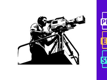 A cameraman operating a large video camera on a tripod stand preview picture