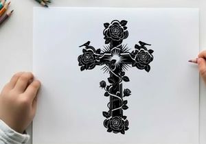 Silhouette of a cross with roses and birds silhouette