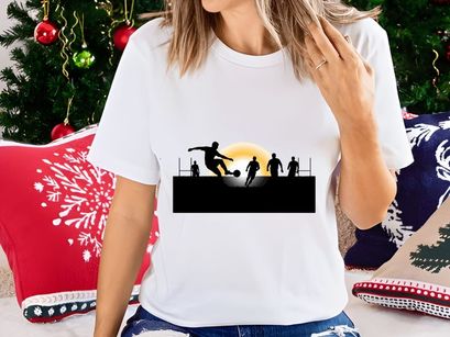 Silhouette of soccer players in action during sunset with ball in play