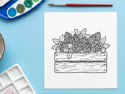 Handgezeichnete Weihnachtsblumenarrangement in rechteckigem Pflanzgefäß für festliche Wohnaccessoires