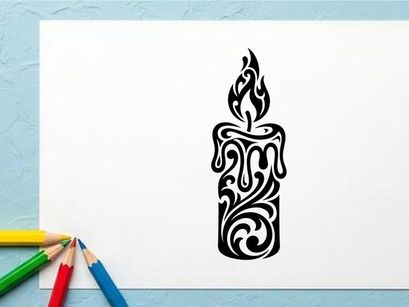 Stylized Candle Tattoo Design with Tribal Flames and Ornamental Details