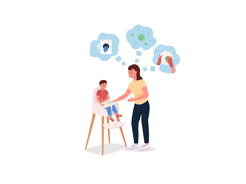 Stressed mother with baby in highchair flat color vector detailed characters