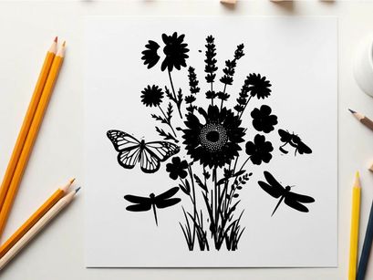 Silhouette of flowers and insects in a garden scene silhouette