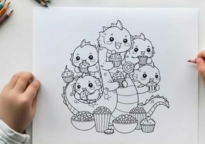Cute baby animals eating popcorn and cupcakes vector illustration