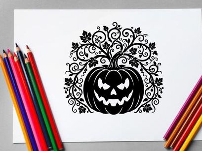 Halloween-Kürbis mit gruseligem Gesicht und dekorativen Ranken