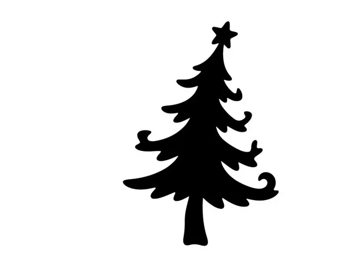 Black silhouette of a Christmas tree with a star topper on a white background