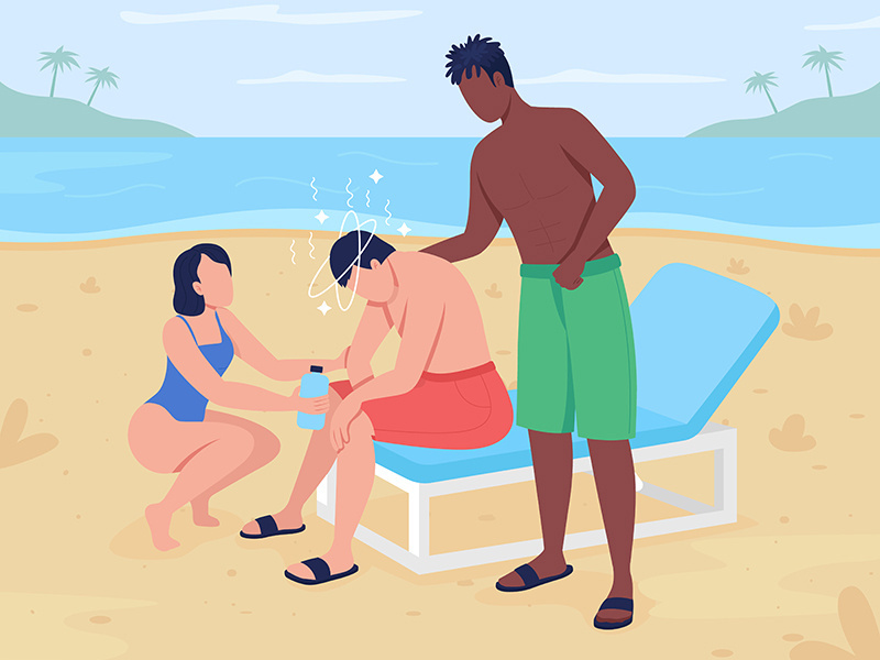 Heat stroke at beach flat color vector illustration