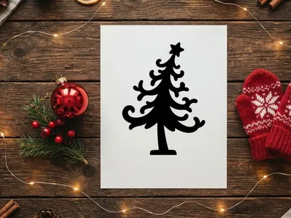 Black silhouette of a stylized Christmas tree with a star topper on white background.