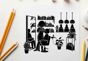 Silhouette of a hair salon with customers and stylists