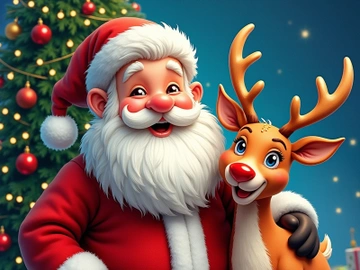 A jolly Santa embraces Rudolph in front of a Christmas tree preview picture