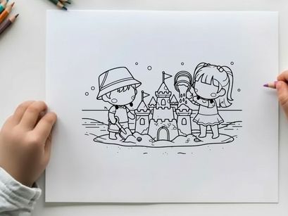 Kids building sandcastle beach fun flat design vector illustration