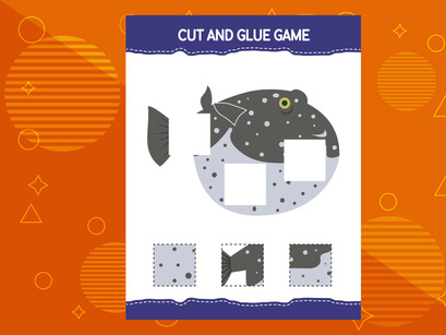 10 Pages Cut and glue game for kids with fish. Cutting practice for preschoolers. Education worksheet.