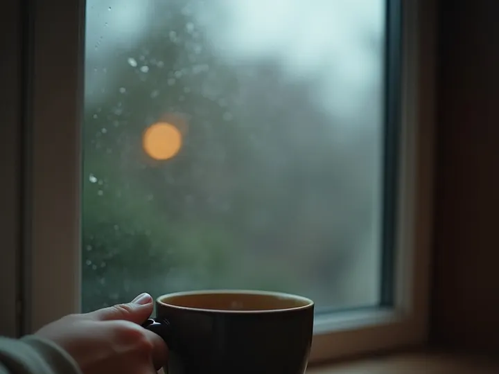 A person holds a dark mug near a window with raindrops.