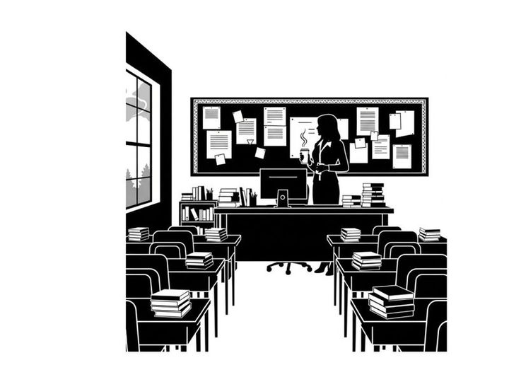 Silhouette of a teacher standing in a classroom with desks and a blackboard