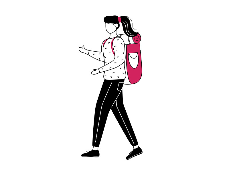 Girl tourist with backpack flat contour vector illustration