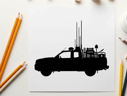 Silhouette of a truck with communications equipment and antennae