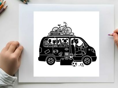 Family on road trip with bicycle on van silhouette