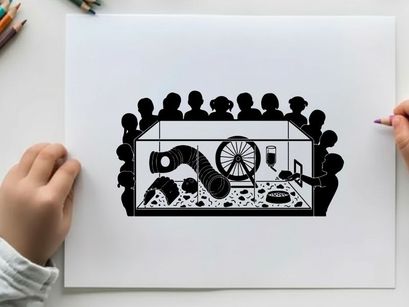 Silhouette of people watching a machine in a glass case silhouette