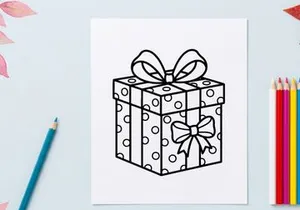 Christmas gift box with polka dot pattern and ribbon bow line art illustration