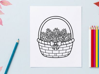 Black and white line art of a wicker basket filled with pinecones