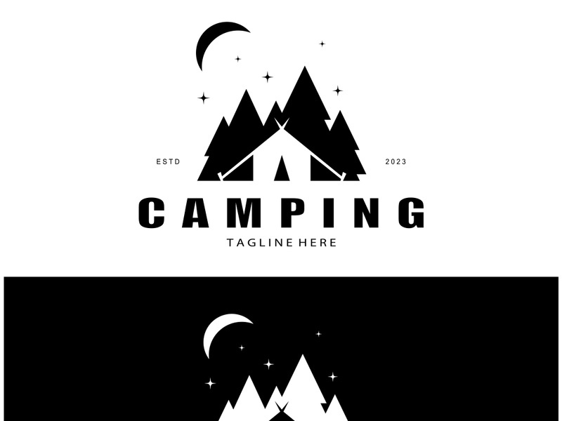 vintage and retro tent logo, camping. With tent, tree and bonfire sign. adventurers, scouts, climbers, camping equipment center