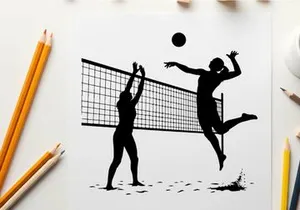 Silhouette of beach volleyball players in action