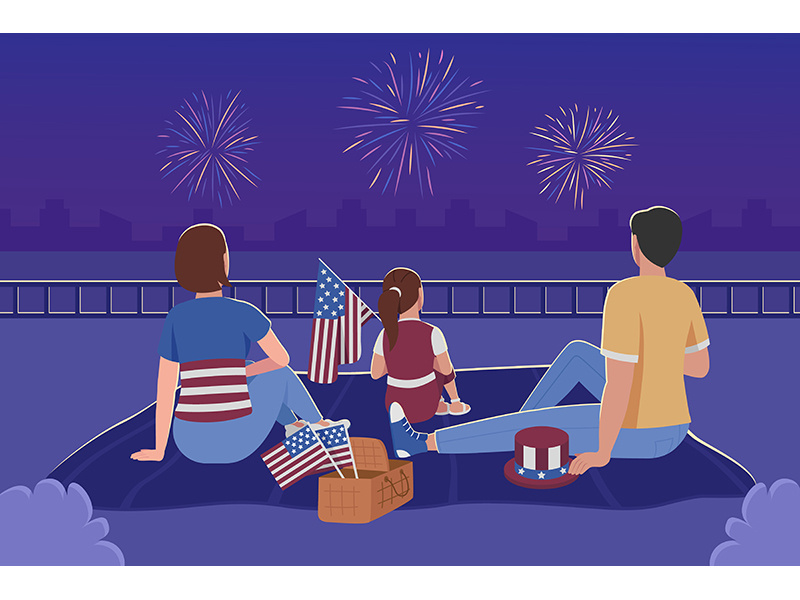 Family watching fireworks for 4th of july flat color vector illustration