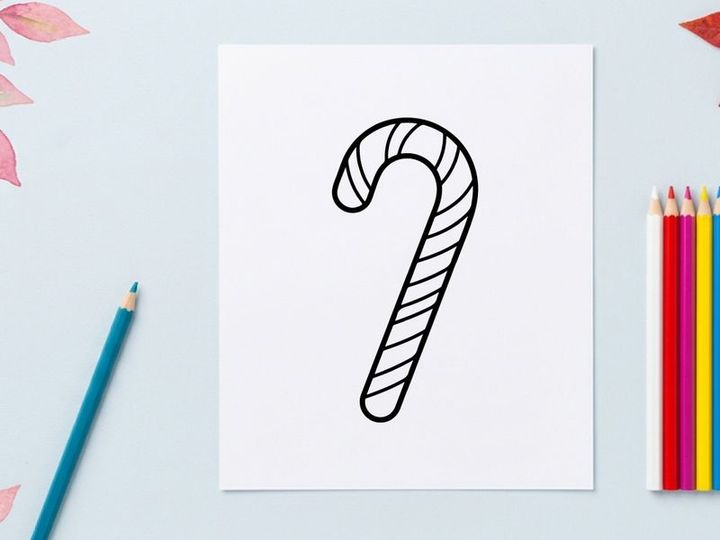 Black and white candy cane line art illustration for Christmas holiday design projects.