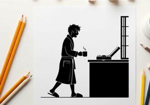 Man in silhouette walking with coffee by a desk