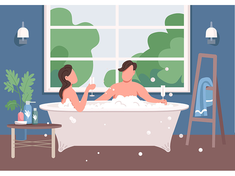 Couple taking bath flat color vector illustration