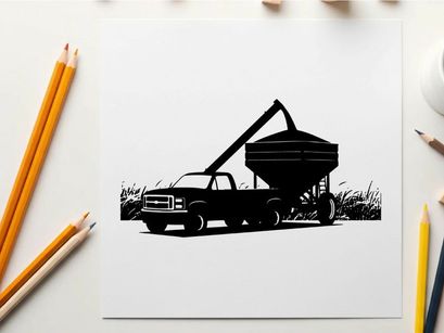 Silhouette of a pickup truck with grain auger in field