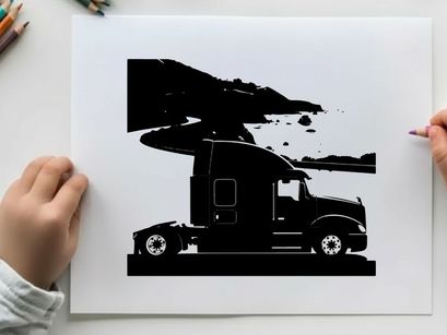 Silhouette of a semi truck on a coastal road with mountains