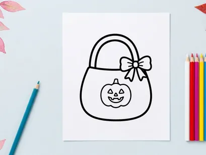 Hand-drawn Halloween trick-or-treat pumpkin candy bag with bow. Cute cartoon jack-o'-lantern sack for kids' spooky celebrations and party favors.