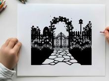 Silhouette of a beautiful garden gate and pathway silhouette