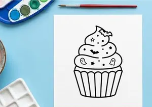 Hand-drawn cartoon cupcake with swirl frosting and sprinkles. Whimsical dessert illustration for baking, celebration, or sweet treat designs.