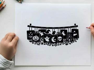 Halloween silhouette banner with various spooky decorations and silhouette preview picture