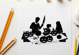 Family carving jack o lanterns in silhouette on halloween night