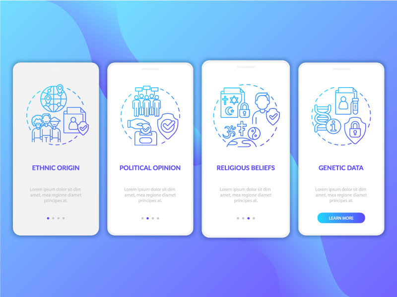 Types of personal information blue gradient onboarding mobile app screen