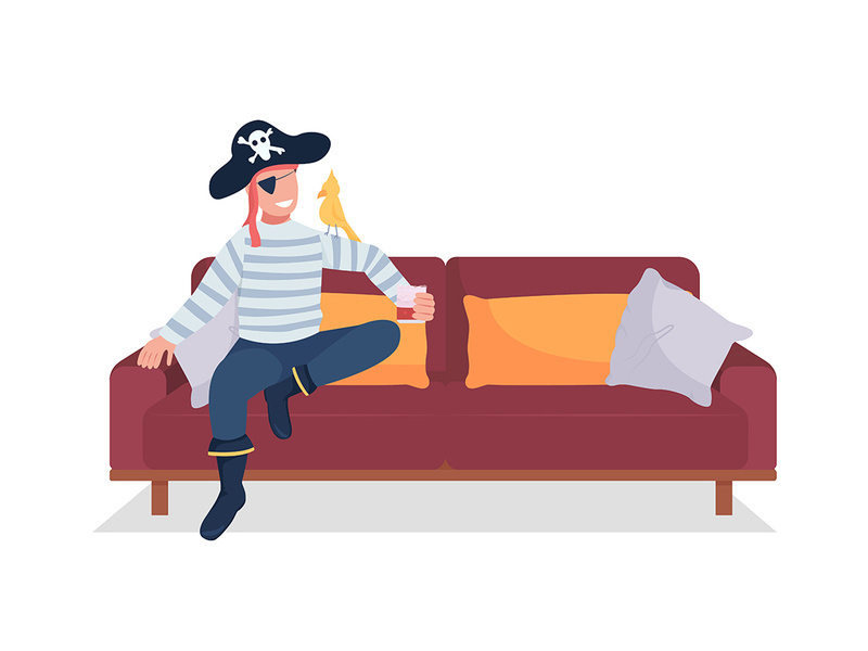 Man in costume relax on sofa flat color vector character