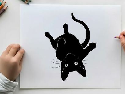 Black cat silhouette falling downwards with surprised expression