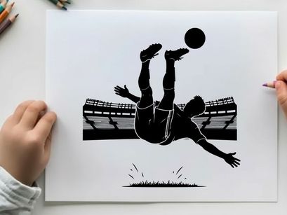 Soccer player silhouette kicking ball in mid air overhead