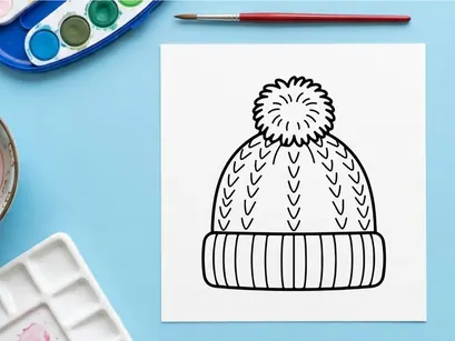 Ilustrasi seni garis topi musim dingin dengan pom pom untuk desain liburan Natal