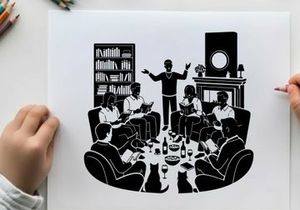 Silhouette of people gathered around a table with a speaker