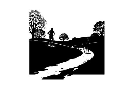 Silhouette of people exercising outdoors on a path
