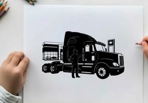 Silhouette of a man standing beside a large semi truck