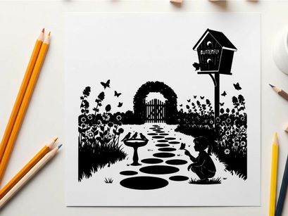 Whimsical garden scene with birdhouse and child