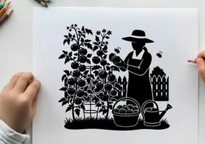Silhouette of a woman gardening with tomatoes and tools